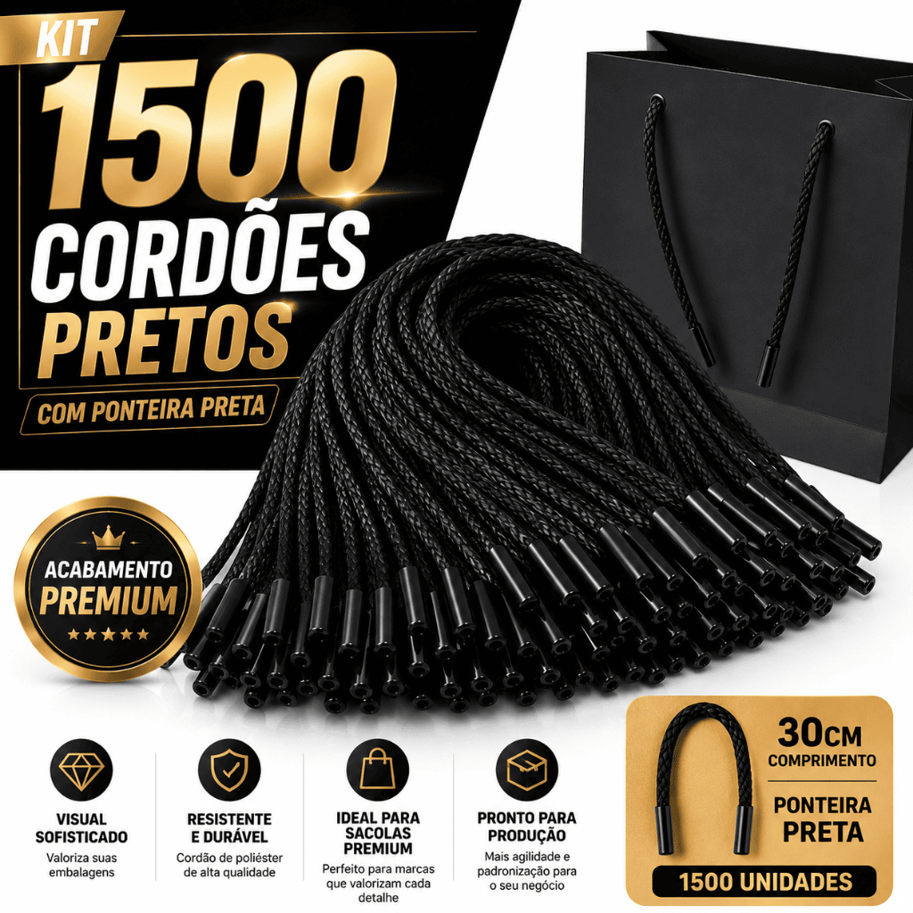 Kit 1500 Cordões Pretos Com Ponteira Preta 30cm Para Sacolas Embalagens Premium Atacado