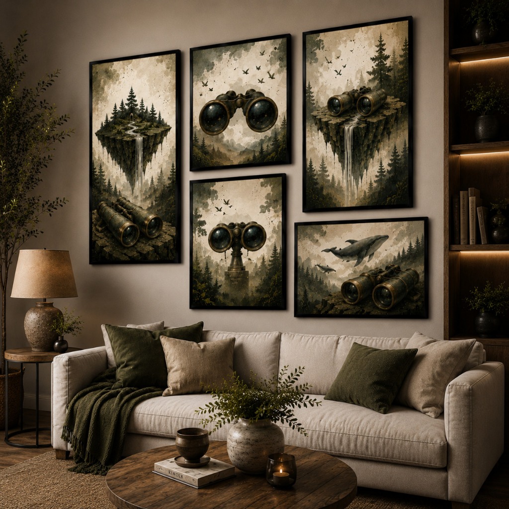 Kit 5 Quadros Decorativos Binóculo Vintage Floresta Premium – Arte Surreal Moderna