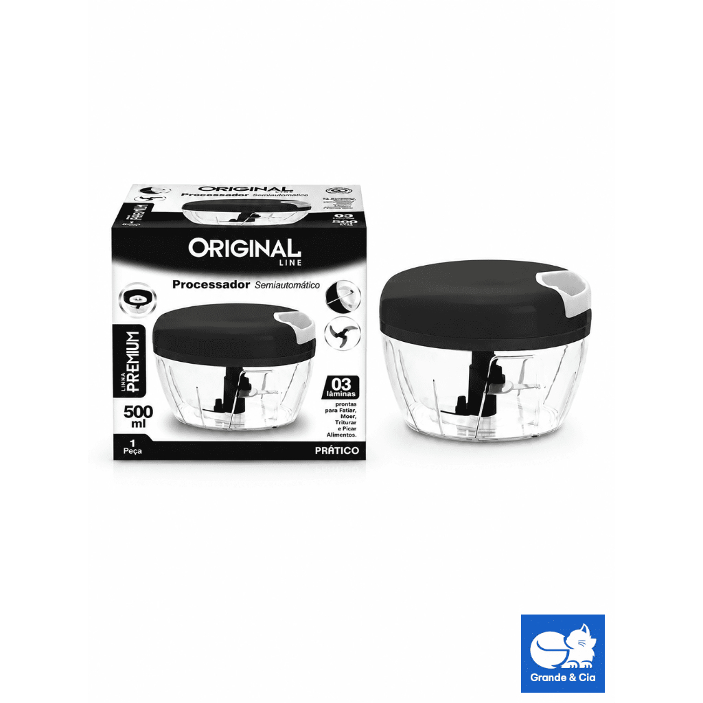 Mini Processador Manual 500ml Com Corda Triturador Alho Cebola Legumes 3 Lâminas Aço Inox