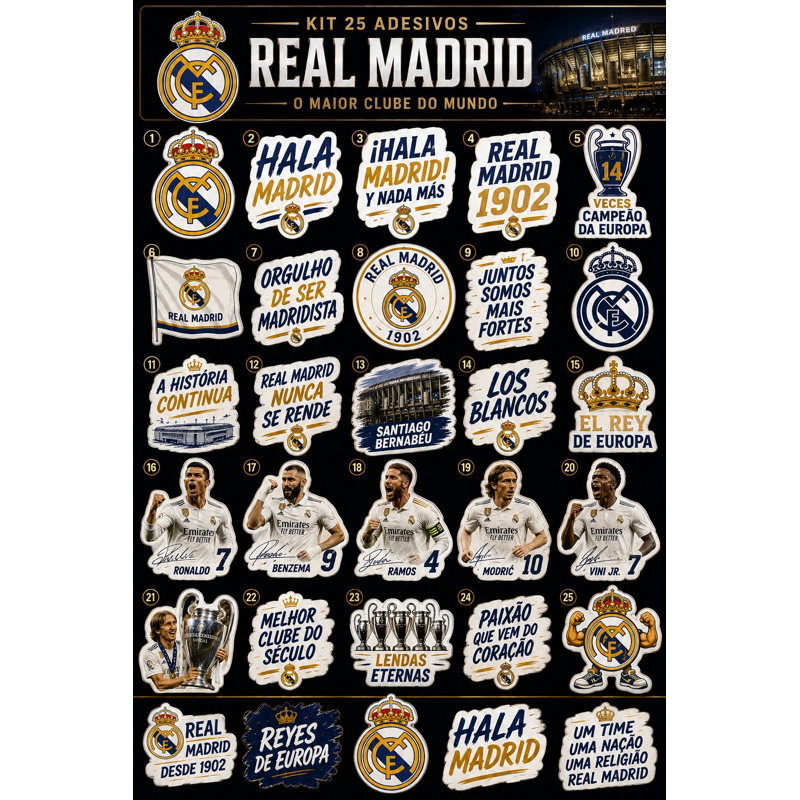 👑 Kit 25 Adesivos Real Madrid Premium – Escudo, Bernabéu, Lendas e Campeões