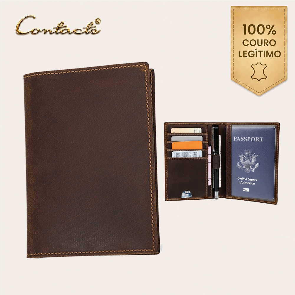 CONTACT'S Carteira Masculina Couro Crazy Horse RFID Porta Passaporte Slim Fina Cartões Café Premium