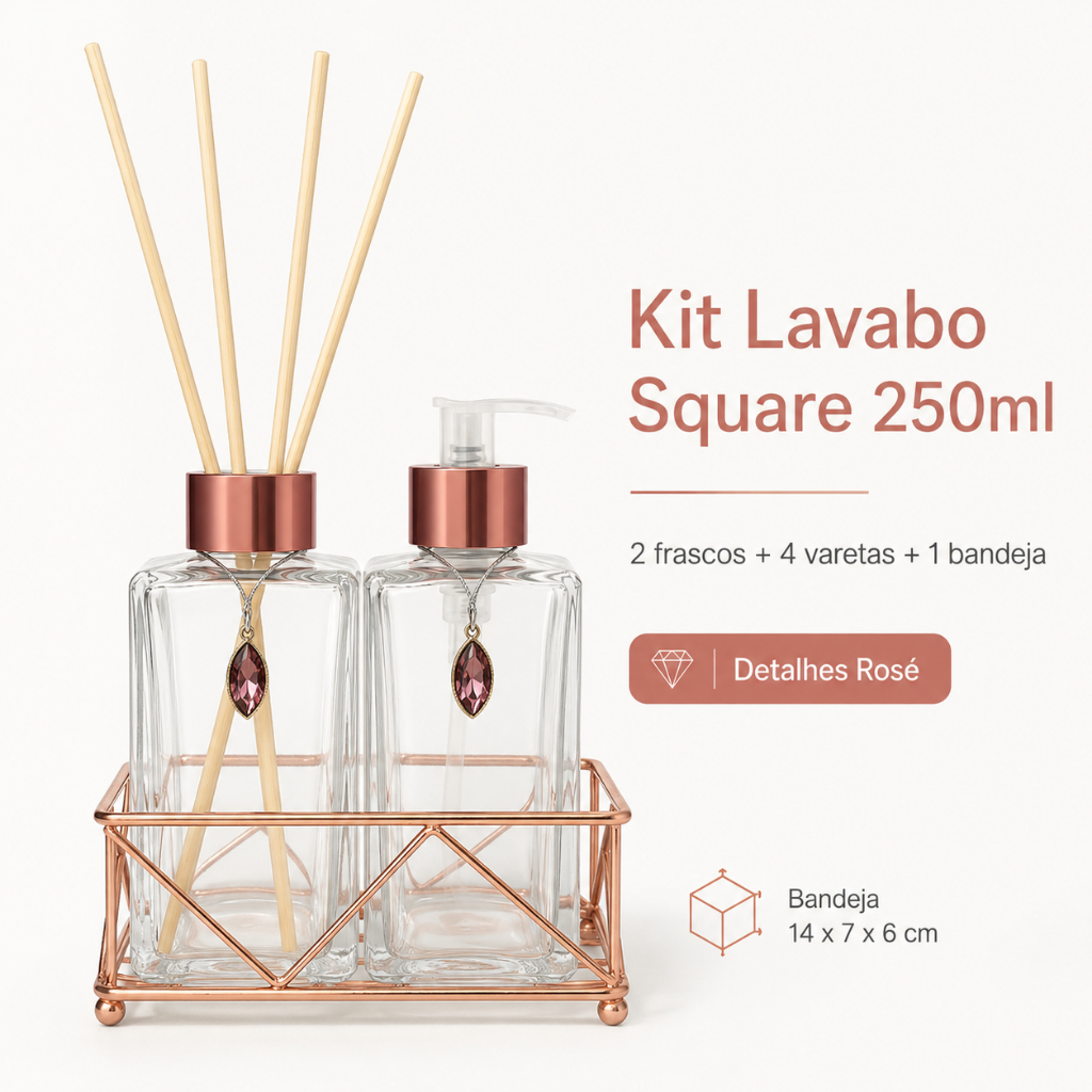 Kit Lavabo Luxo Banheiro Vidro Difusor + Saboneteira 250ml com Bandeja Metal
