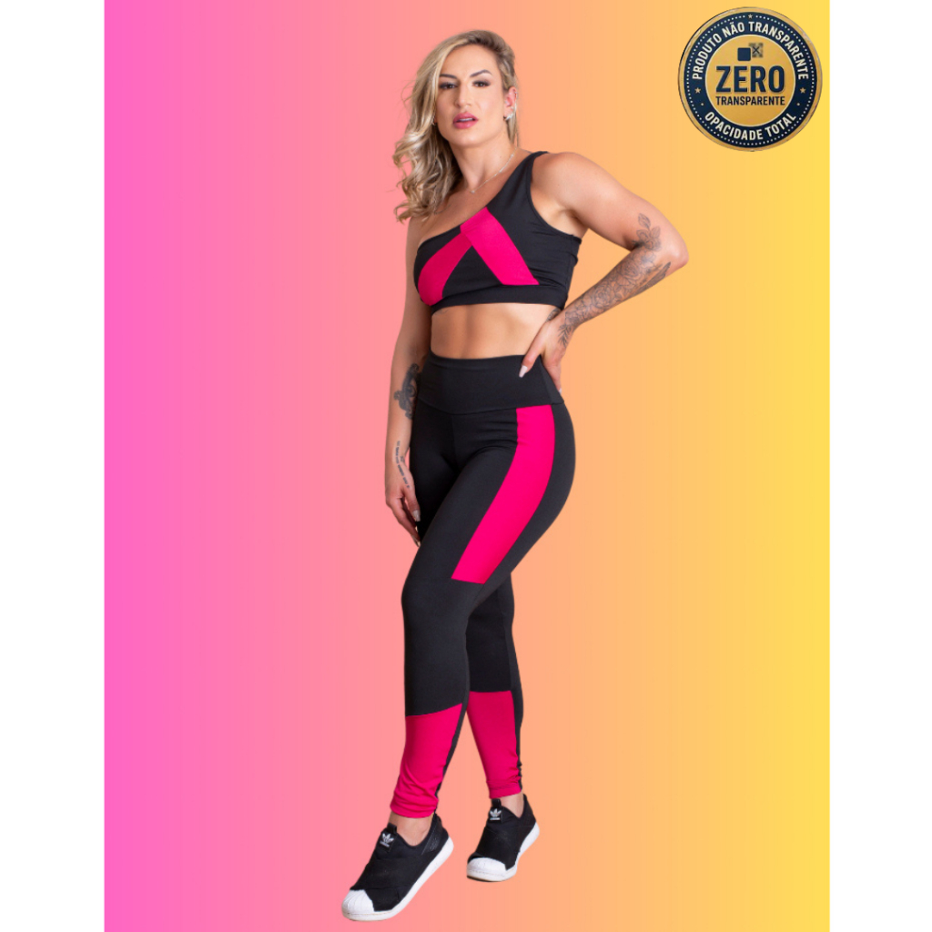 Conjunto Fitness Feminino Calça Legging Cintura Alta Faixa Lateral Detalhe E Top Faixa Ombro Academia ZERO TRANSPARÊNCIA