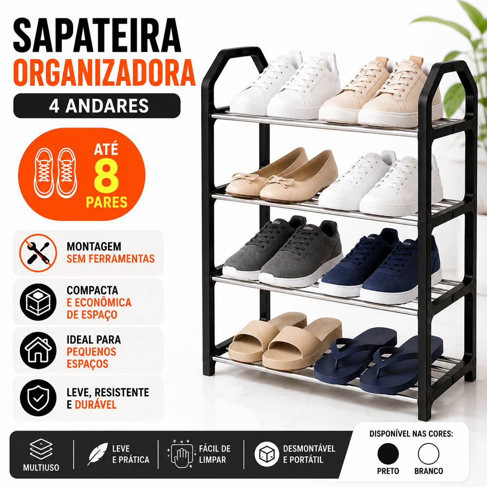 Sapateira Organizadora 4 Andares Multiuso Desmontável Até 8 Pares Montagem Fácil Compacta Sem Ferramentas