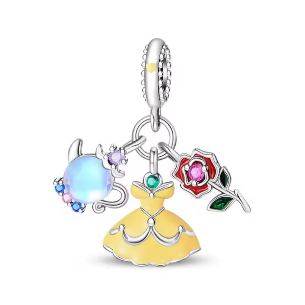 Berloque Triplo Bela e a Fera Prata Legítima 925 Charm Princesa Joia Luxo Presente Feminino Delicado