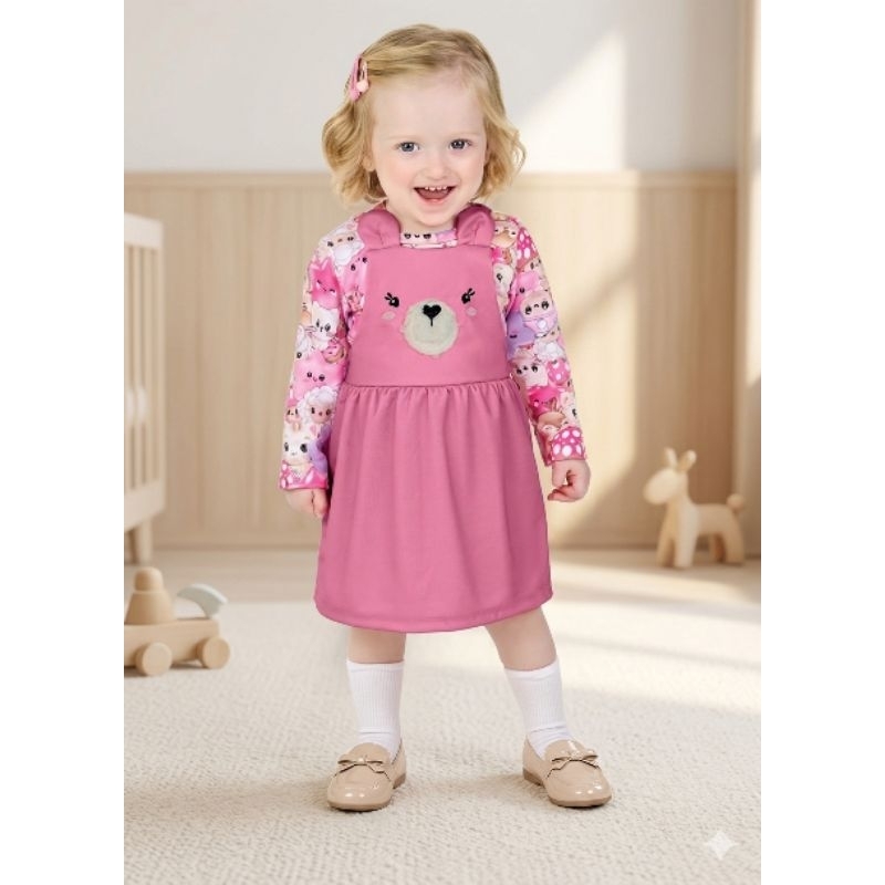 Conjunto Infantil Feminino Salopete Ursinho e Blusa Manga Longa Vestido Menina - Disponível P ao 3
