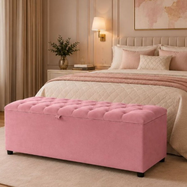 Recamier Baú Estofado Luxuoso 1,20m Suede Abertura pistão resistente tampo calçadeira Captone design moderno