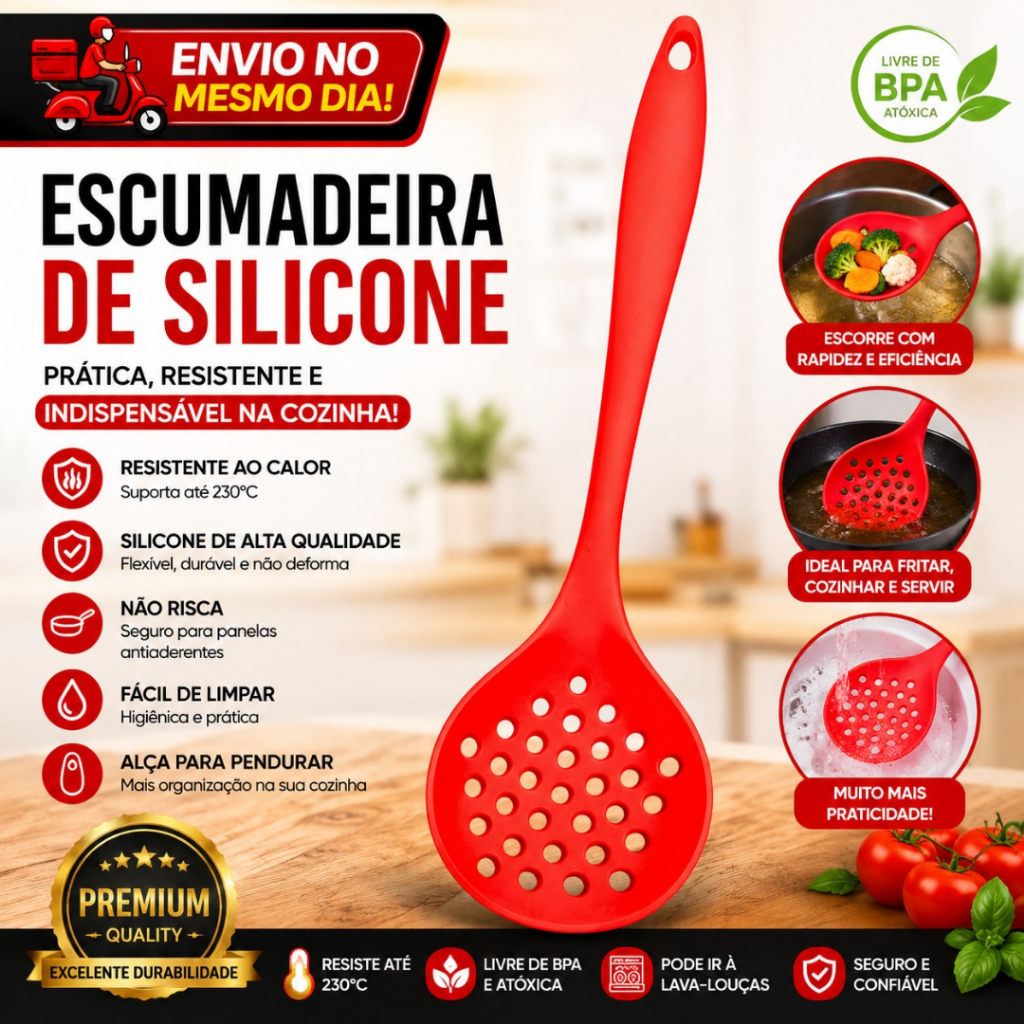 Escumadeira de Silicone Premium Antiaderente Resistente Não Risca Panelas Utensílio de Cozinha Profissional