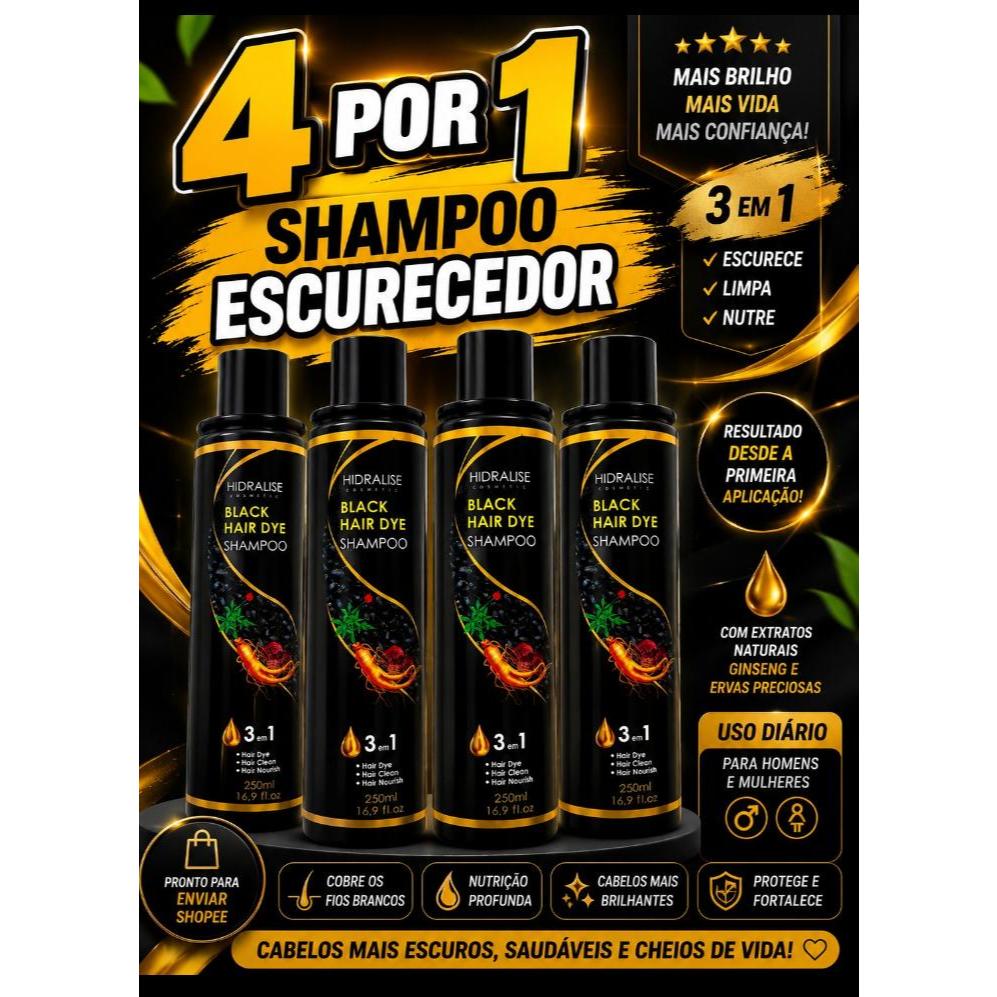 Kit Shampoo Black Hair Dye Escurecedor 3 em 1 Hidralise  250ml Escurecedor de Cabelos