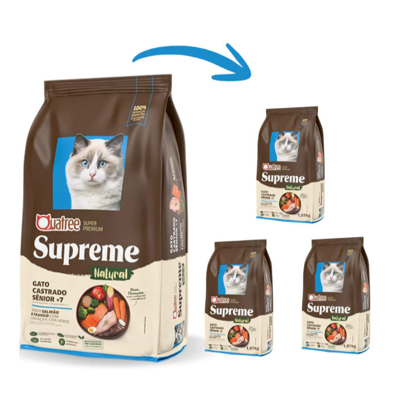 Kit Ração Quatree Supreme Natural Super Premium Gato Senior Salmão Frango 3 Pacotes 1Kg