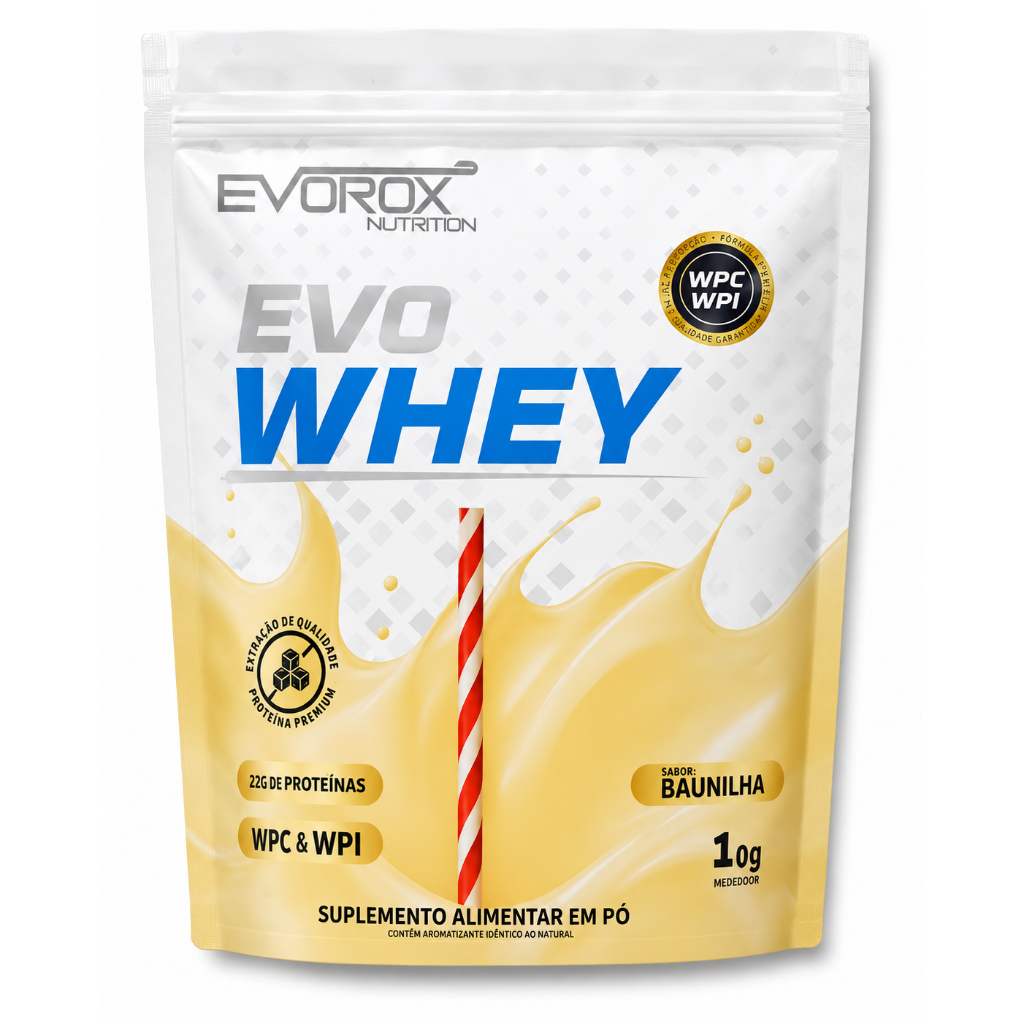 Whey Protein Isolado e Concentrado 1Kg Evorox - 22g proteína Baunilha Melhor Custo Benefício
