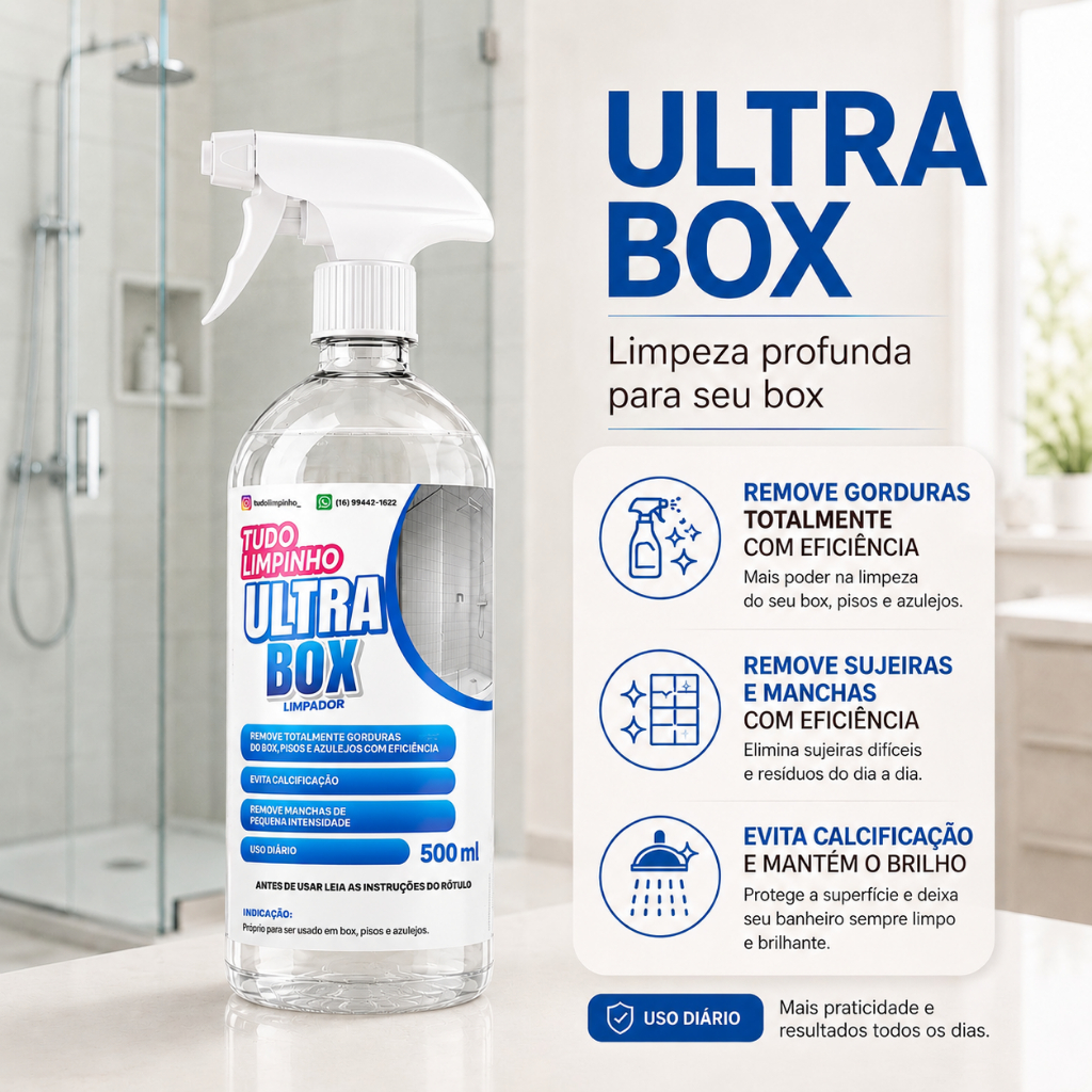Ultra Box Limpador Box Banheiro 500ml Remove Gordura Vidro Azulejo Com Válvula Tudo Limpinho
