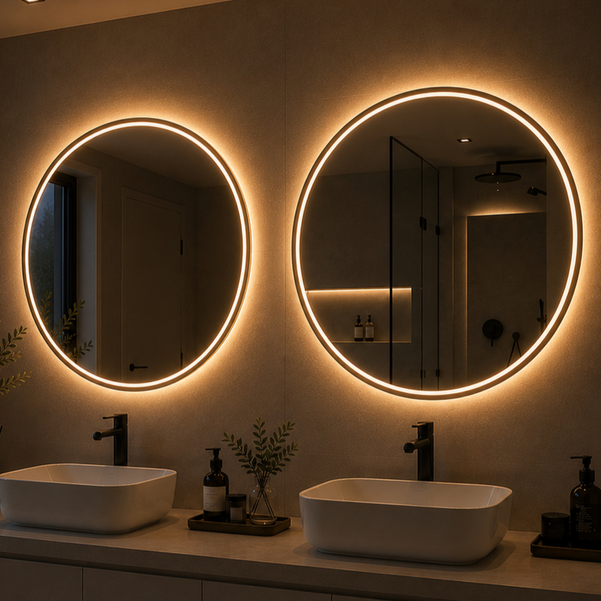 Kit 2 Espelhos Redondos Grande 80x80cm com 3 Cores LED Botão Touch Jateados Decorativo Banheiro