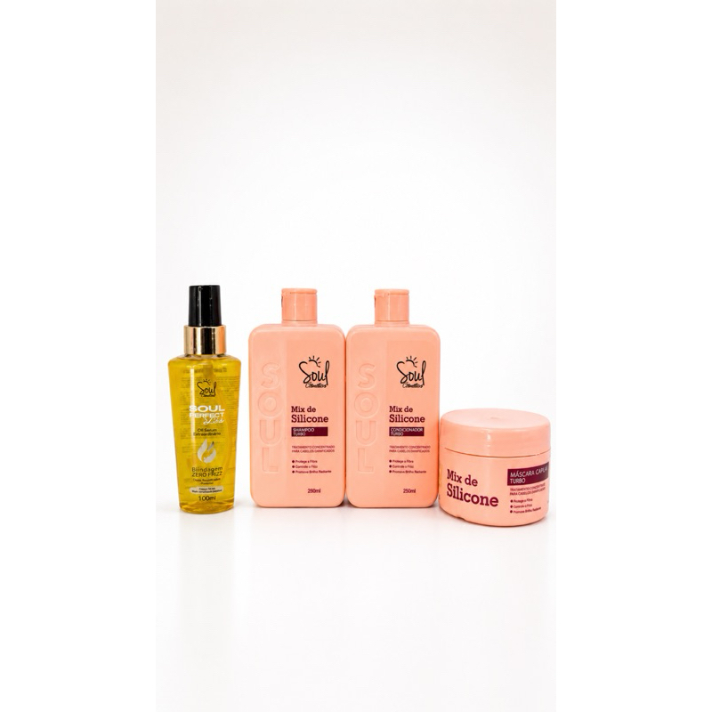 Soul Kit 4 Itens Mix de Silicone mais óleo Capilar Shampoo Condicionador Máscara e Brilhante Zero Frizz Soul Cosmeticos!