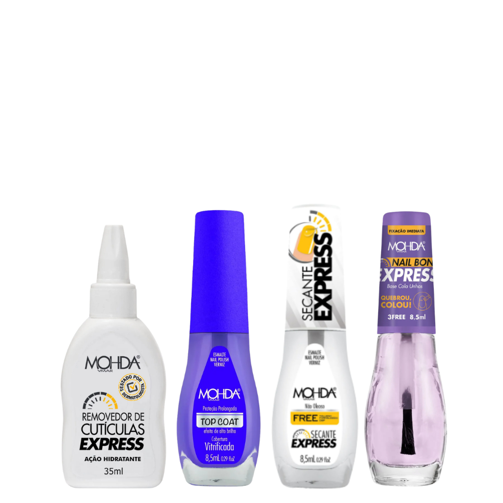 Kit Completo Mohda Secante Express, Nail Bond ,Top Coat e Removedor de Cutículas Tratamento para unhas