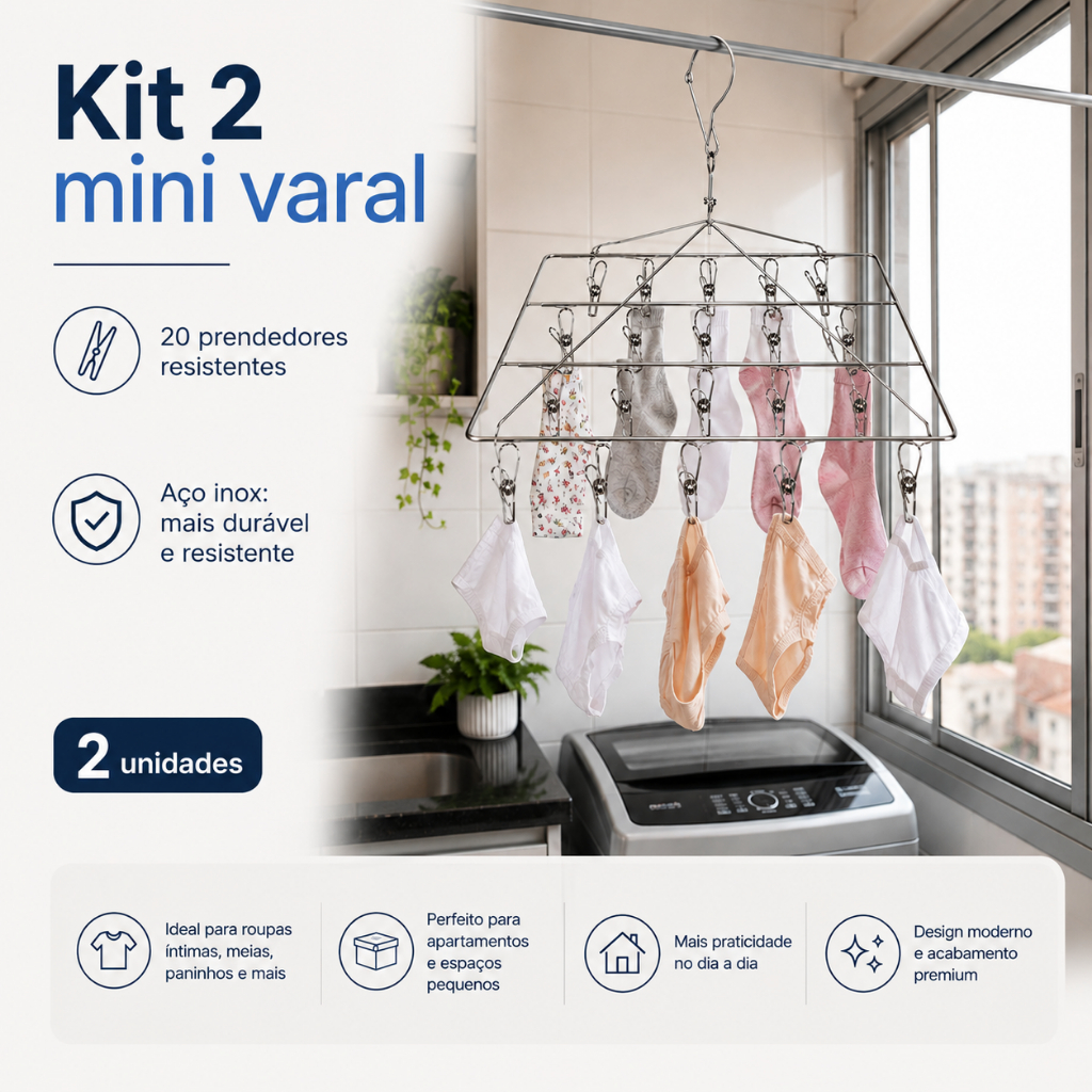 Kit 2 Suporte Mini Varal Suspenso Inox Cabide para Secar Meias, Cuecas, Calcinhas e Roupas Pequenas