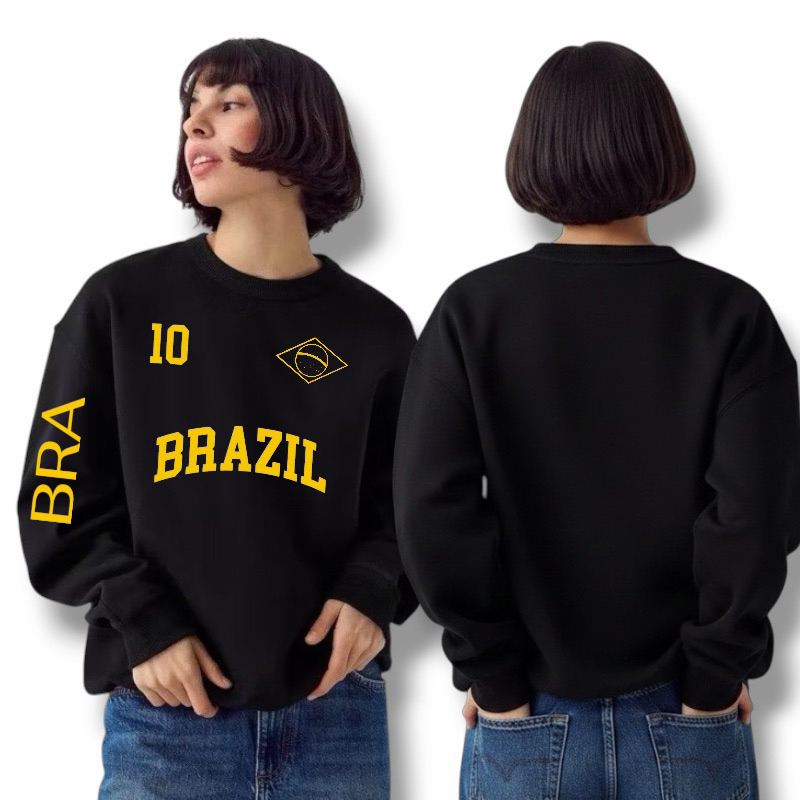 Moletom Gola redonda Brasil Unissex Flanelado Inverno Quente Futebol Torcida Gola Careca