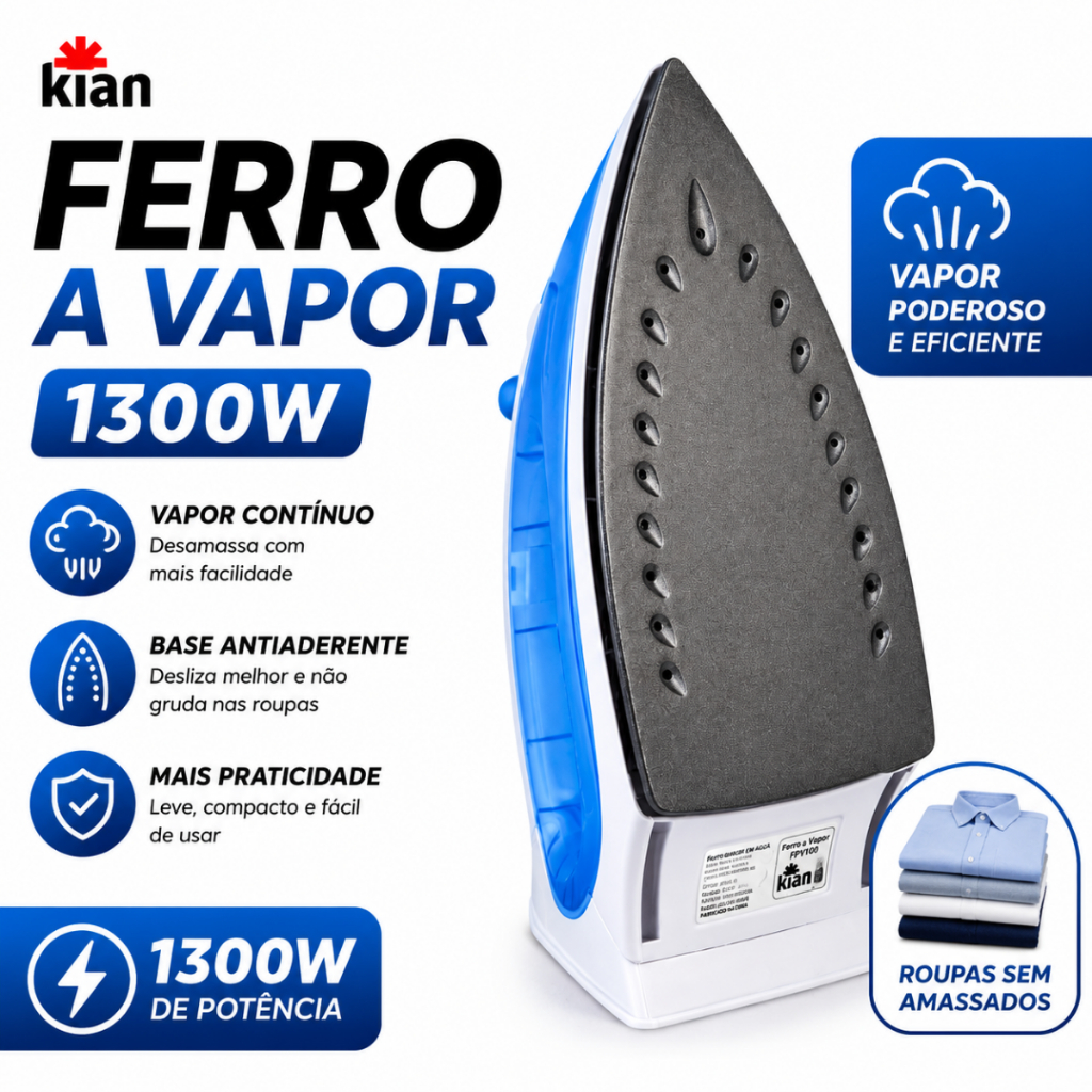 Ferro De Passar Roupas À Vapor Para Camiseta Camisa Roupa Blusa Casa FPV-100 Azul - Kian