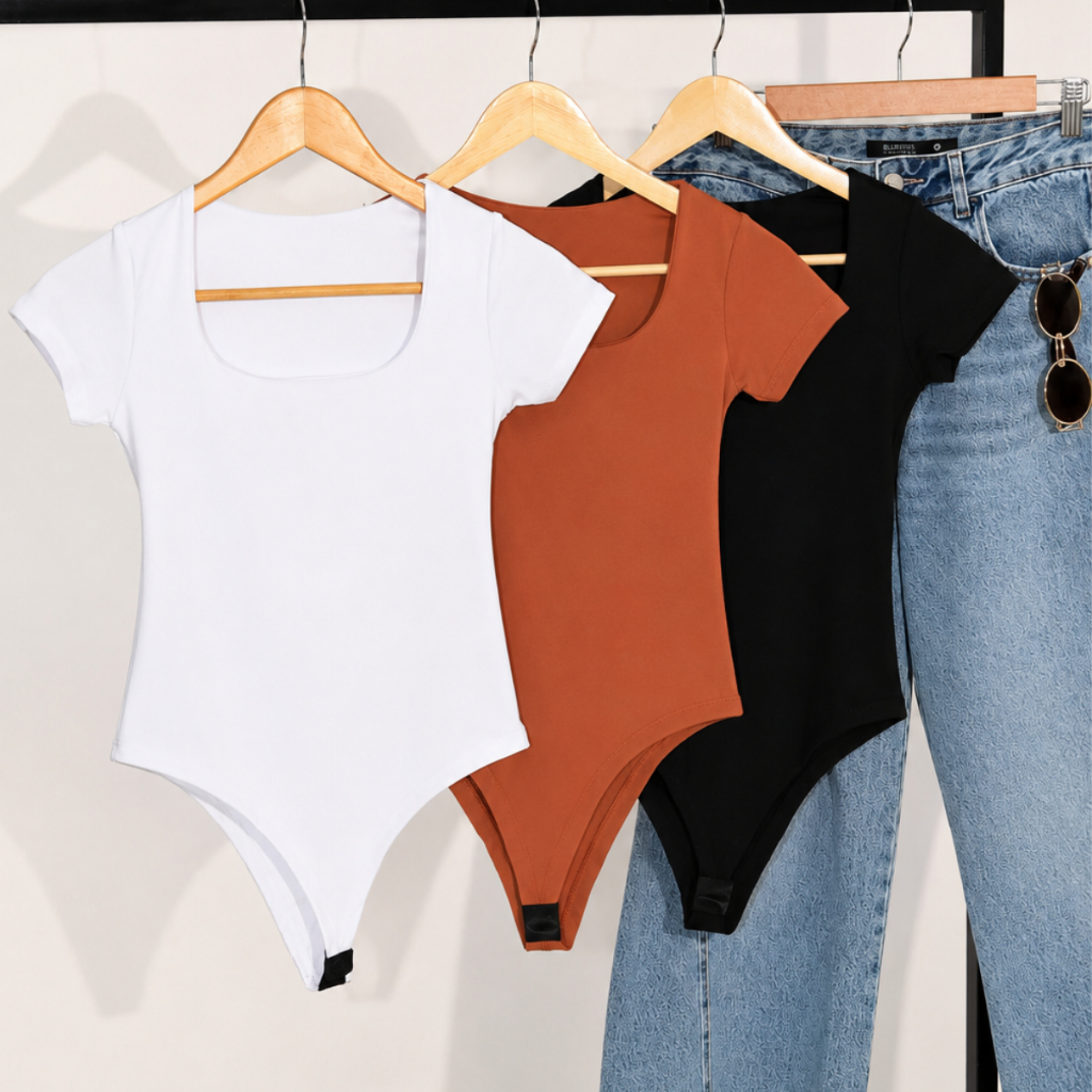 Kit 3 Body Feminino Decote Quadrado Manga Curta Tecido Suplex Moda Verão Tendência