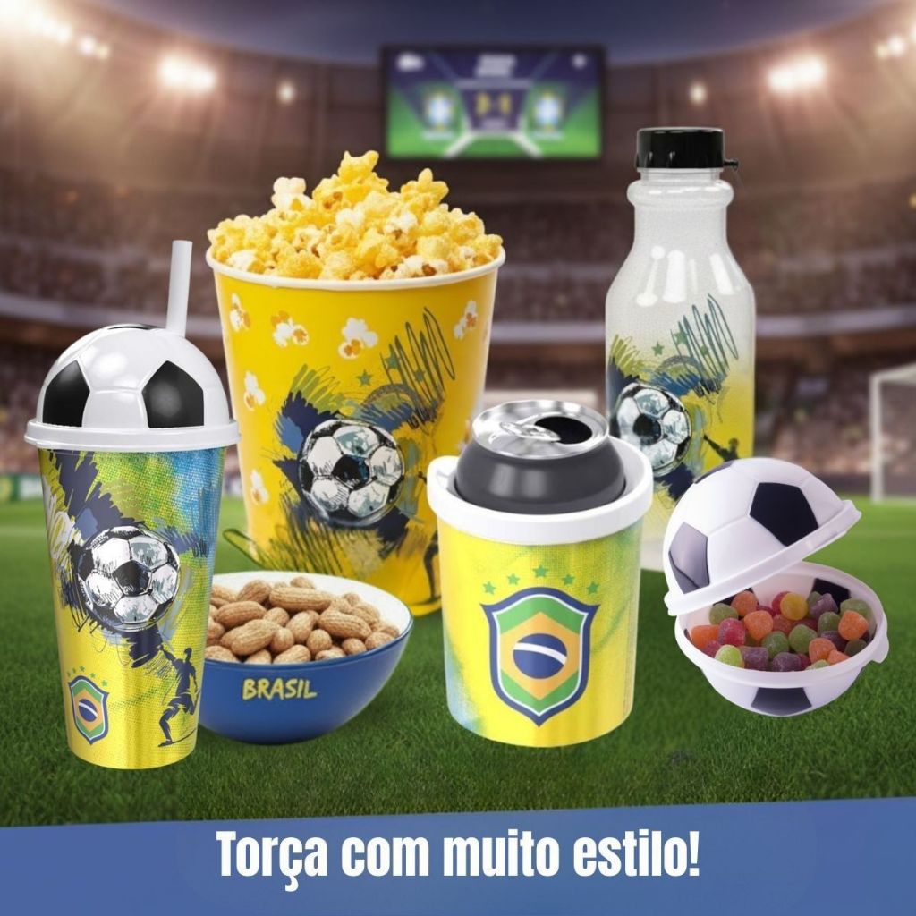 Plasútil Kit Torcedor Brasil Copa - Pote Pipoca, Copo c/ Canudo, Garrafa Retrô, Porta Lata- Futebol
