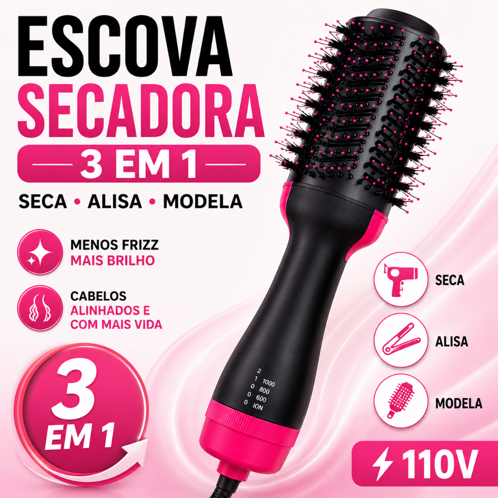 Escova Secadora e Alisadora 3 em 1 110V Modeladora com Íons Negativos Anti Frizz