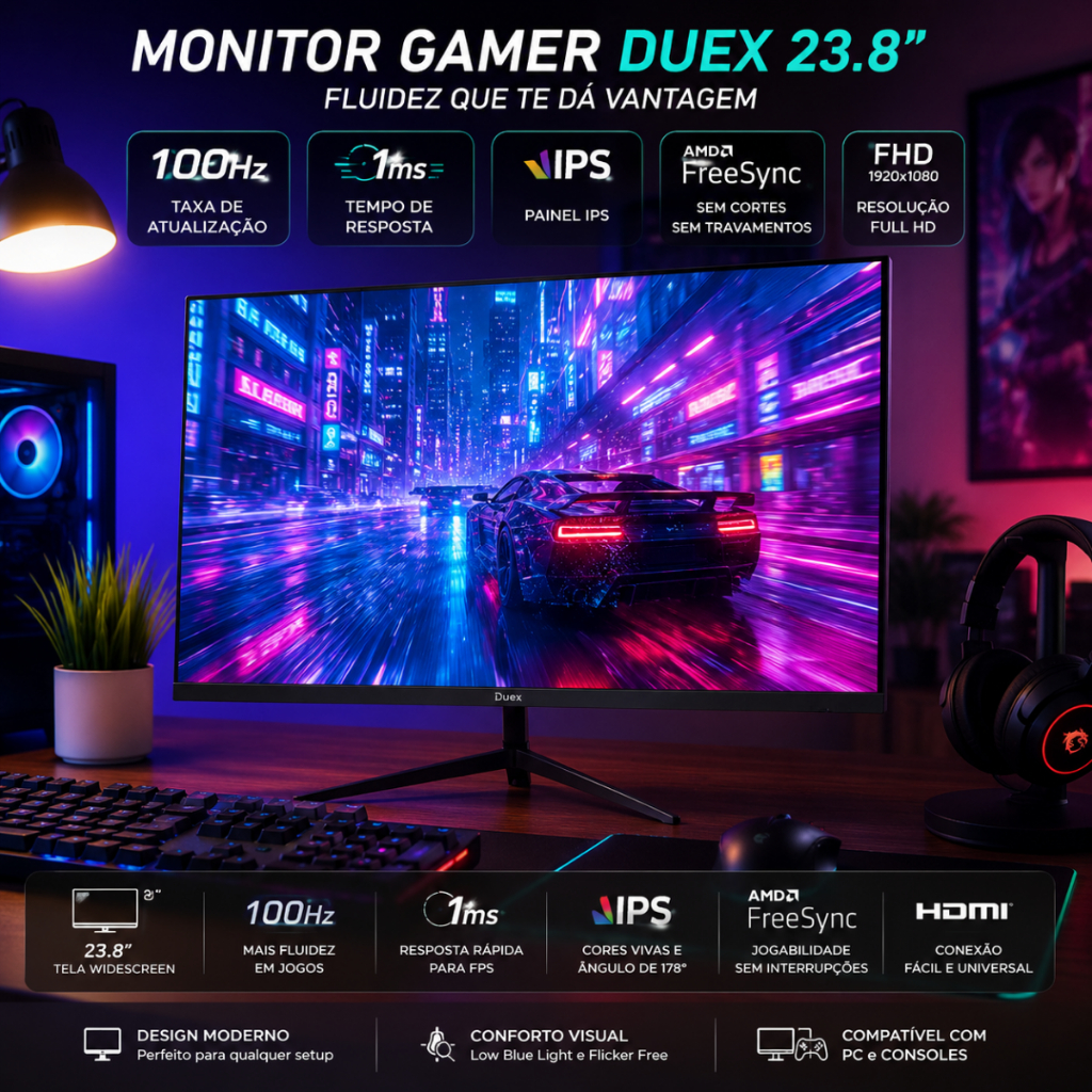 Monitor Gamer 23.8 Duex Preto 100Hz IPS 1ms Full HD HDMI FreeSync DXMO238F100