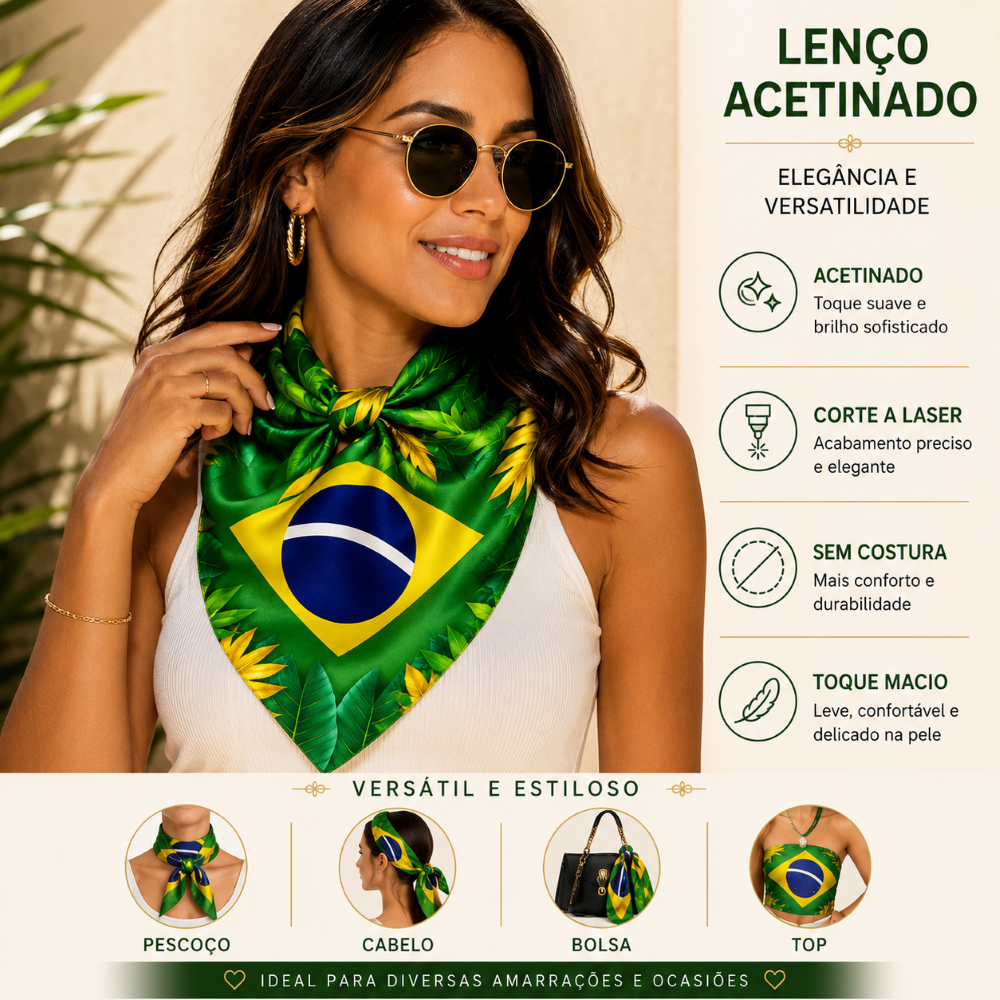 Lenço Feminino  90x90 Verde e Amarelo Cetim Bandana Estampado Brasil Tropical Copa 2026