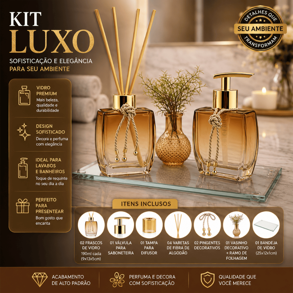 Kit Lavabo Banheiro Aromatizador de Ambiente e Sabonete Líquido Com Bandeja Luxo Para Casa - Dourado