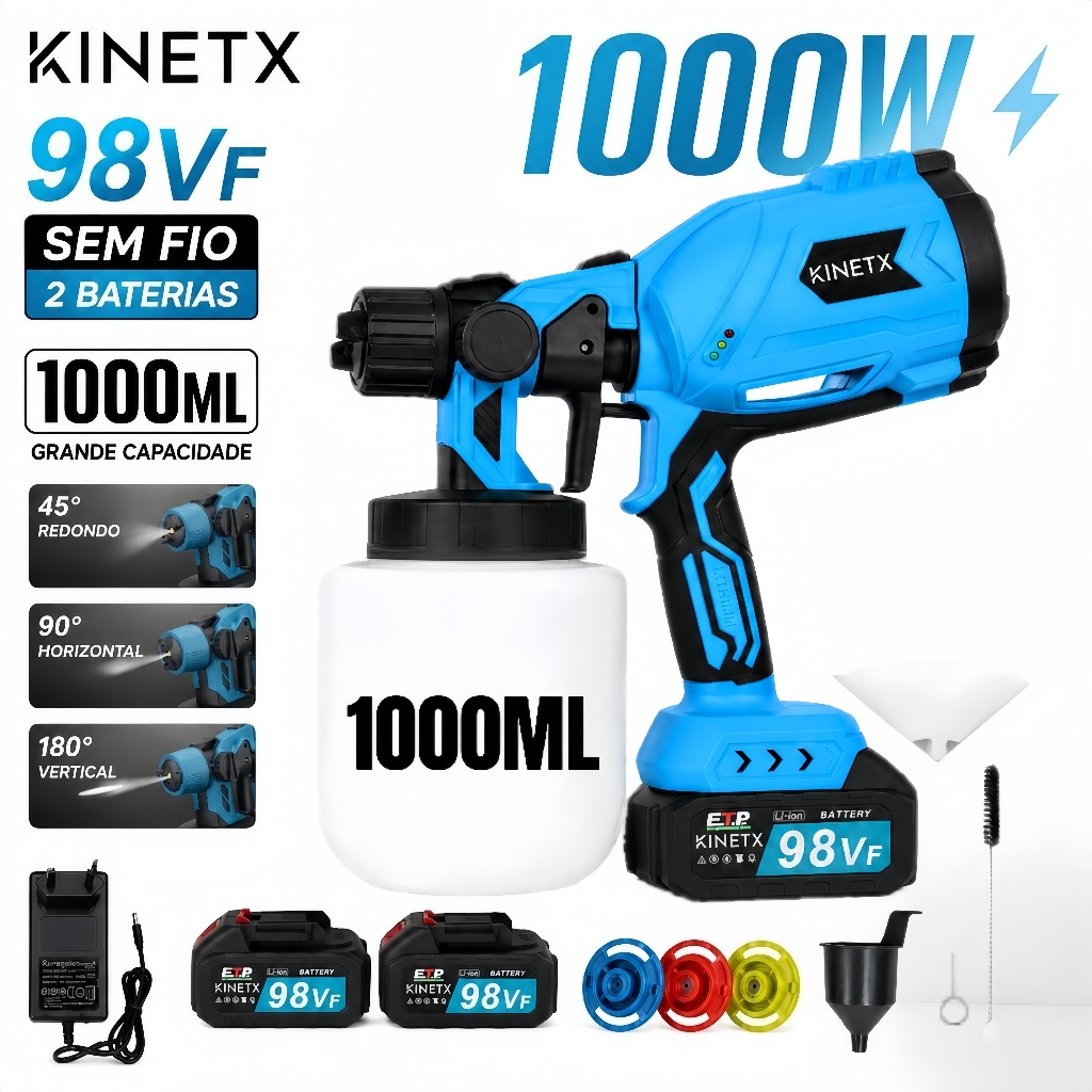 KINETX 1000W 1000ml pistola De Pinta Recarregável 2 Baterias 98/68Vf 4 Bicos Profissional Pulverizador De Tinta