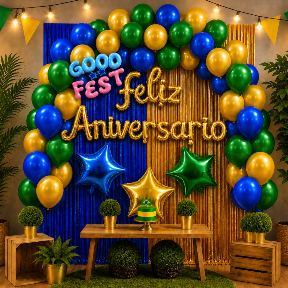 Decoração Feliz Aniversário Copa do mundo Brasil Completo, 2 Cortinas + 20 Bexigas+3 Balões Estrelas