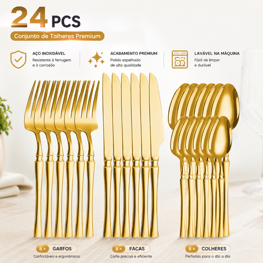 Jogo de Talheres Ouro Dourado Aço Inox 24/30/48 Peças  – Garfo Colher Faca Conjunto Completo Cozinha Presente