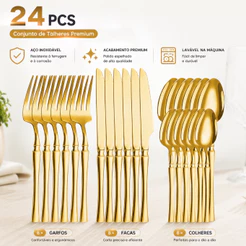 Jogo de Talheres Ouro Dourado Aço Inox 24/30/48 Peças – Garfo Colher Faca Conjunto Completo Cozinha Presente