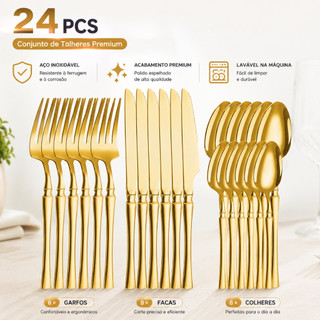 Jogo de Talheres Ouro Dourado Aço Inox 24/30/48 Peças  – Garfo Colher Faca Conjunto Compl…