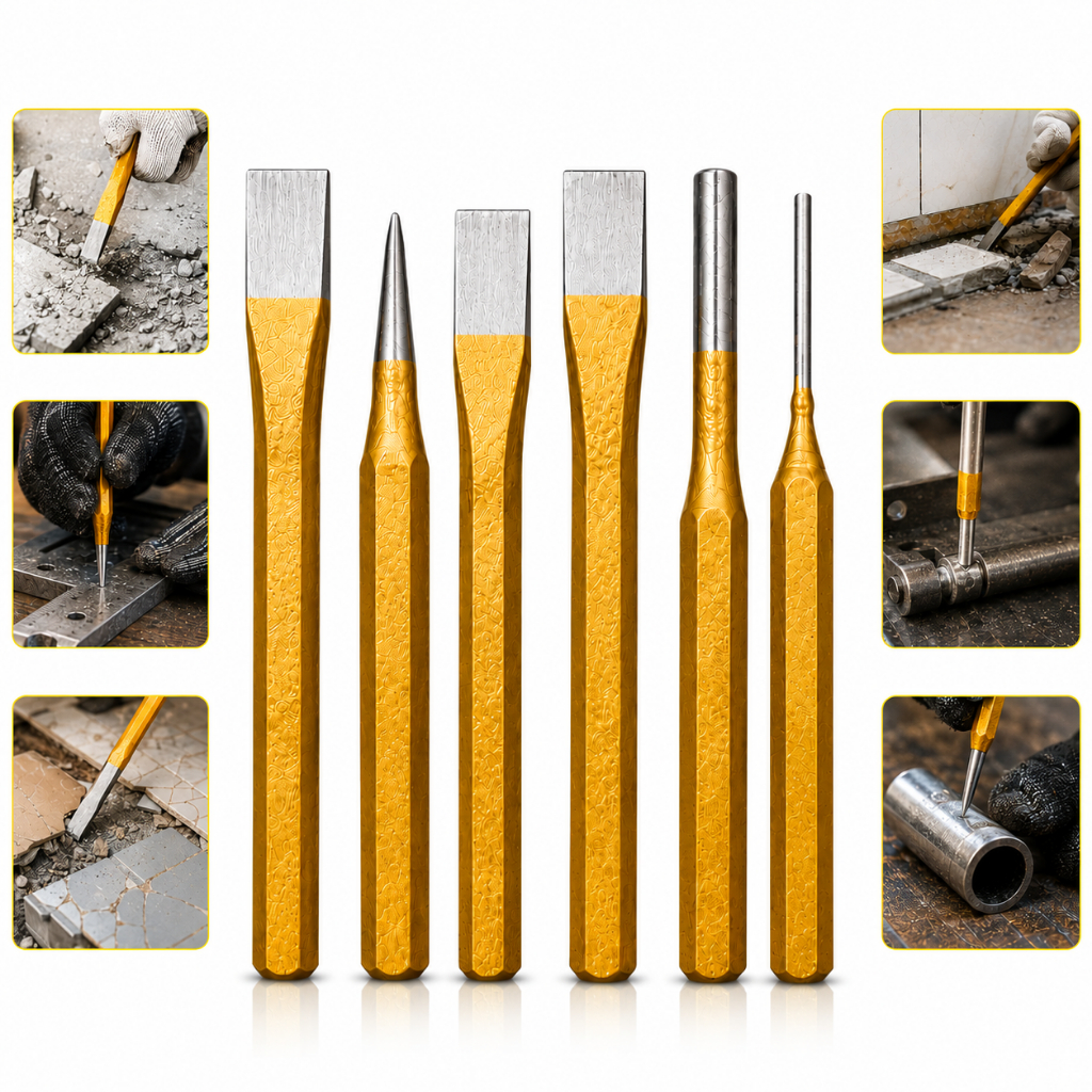 Kit 6 Peças Jogo De Talhadeira Saca Pino Com Ponteiro Punção Profissional Para Aço Inox E Concreto Multiuso Industrial