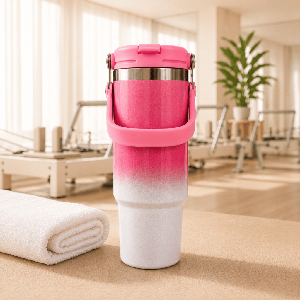 Copo Térmico Inox 900ml Canudo Flip Antivazamento Alça Degradê Bebida Gelada Quente Copo com Canudo