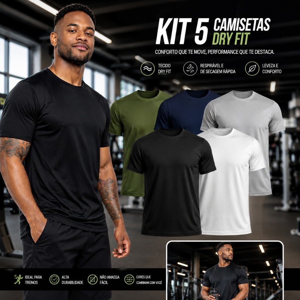 Kit 5 Camiseta Dry Fit Masculina Lisa Respirável Confortável Premium Treinos Academia