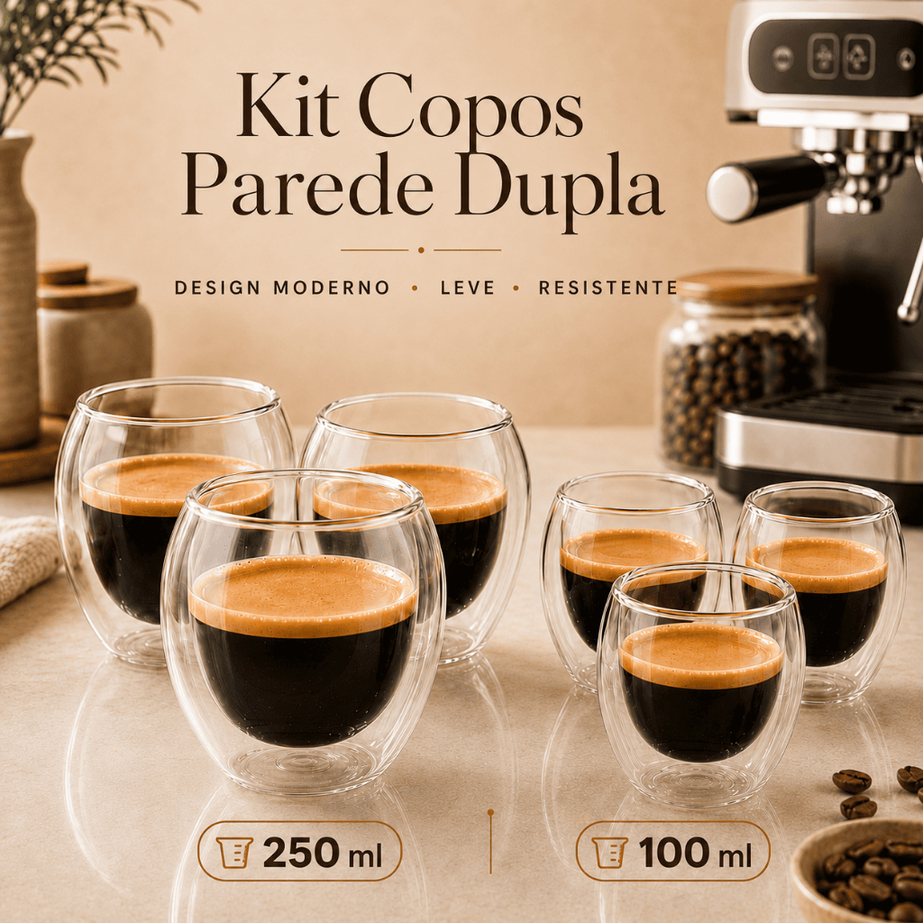 Kit Copo Parede Dupla 100ml ou 250ml Vidro Transparente Café Expresso Chá Capuccino Isolante Térmico