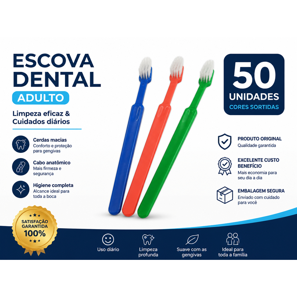 50 Unidades Escova Dental Adulto Cerdas Macias Medfio