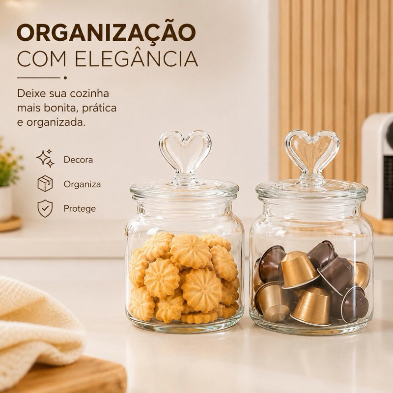 Kit 2 Potes De Vidro  Com Tampa Coração 650ml Hermético Porta Mantimento  Doces Biscoito  Café