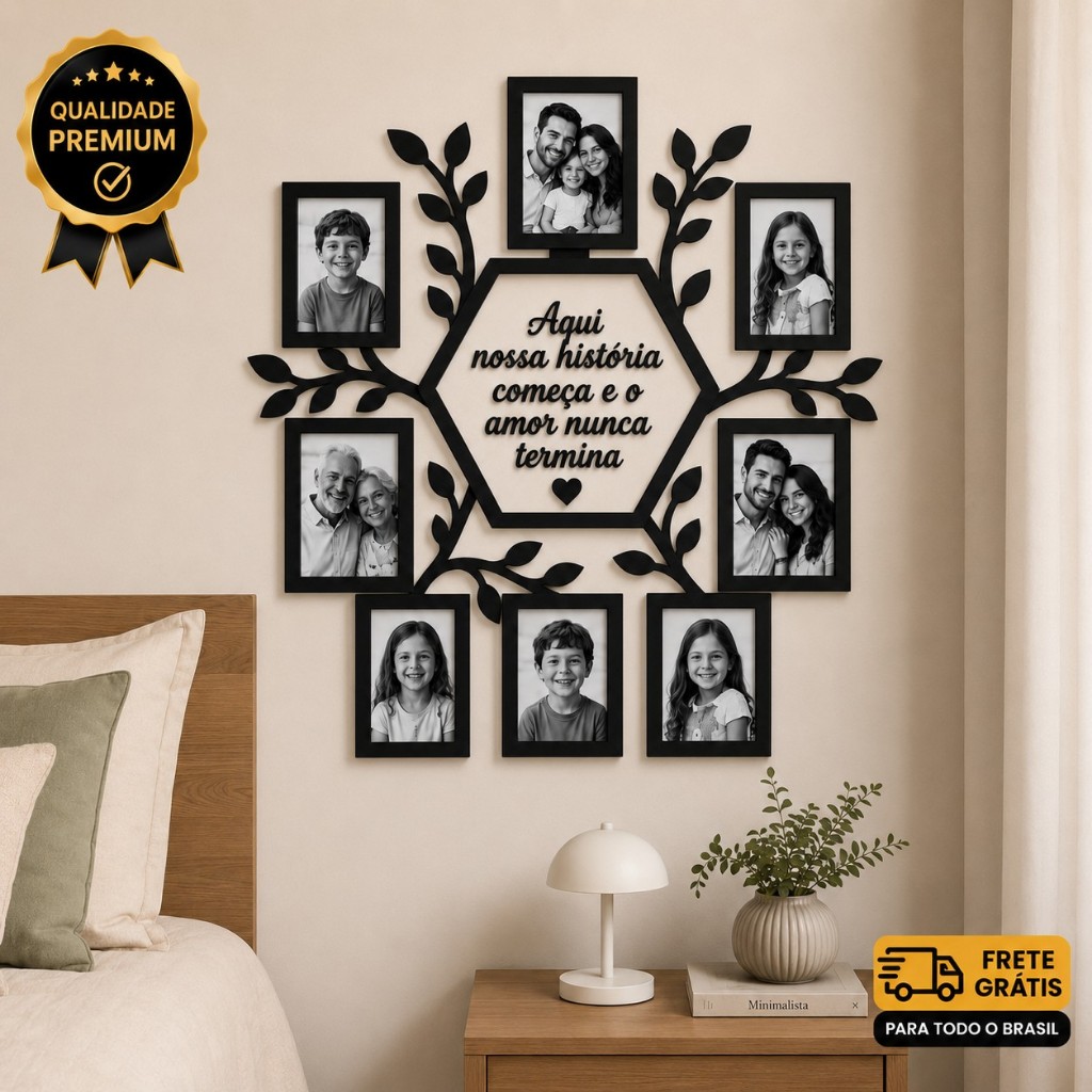 Quadro de 8 Fotos Família - Porta Retratos em MDF 10x15 – Quadro Decorativo