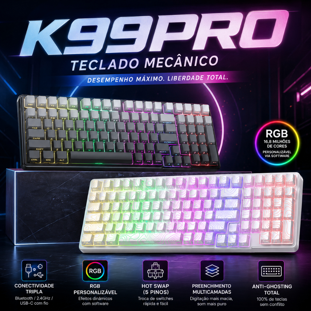 K99PRO Teclado mecânico gaming sem fio, BT/2.4G/USB, switches HiFi 5 pinos, teclas PBT, 99 teclas, hot-swappable, Driver