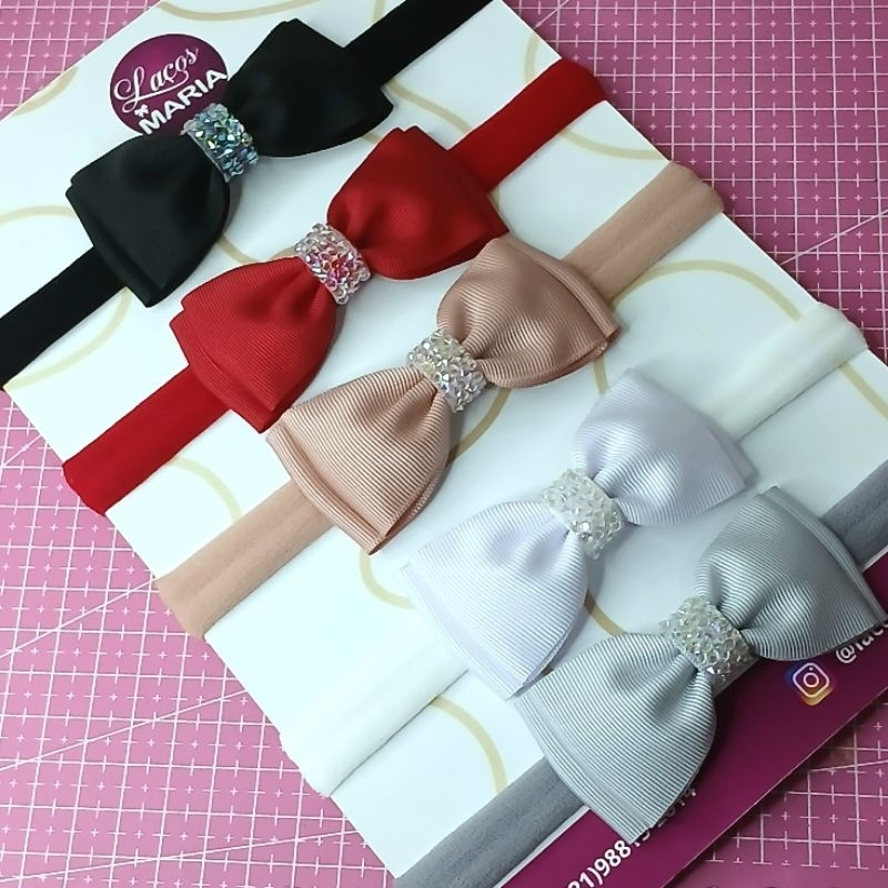 Kit de 5 Faixas para Bebê com Lacinhos – Tiara para Bebê – Acessórios de Cabelo para Bebê – Laços na meia de seda