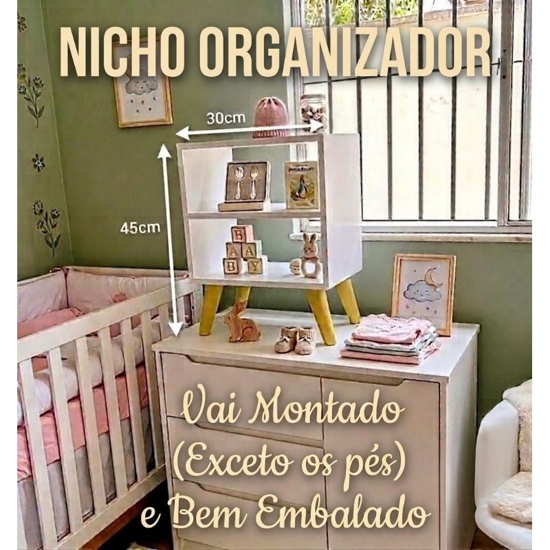 Nicho Organizador Infantil​ Estante Madeira p/ Brinquedos​ Nicho Pés Palito Organizador Prateleira de Apoio Fraldário​.