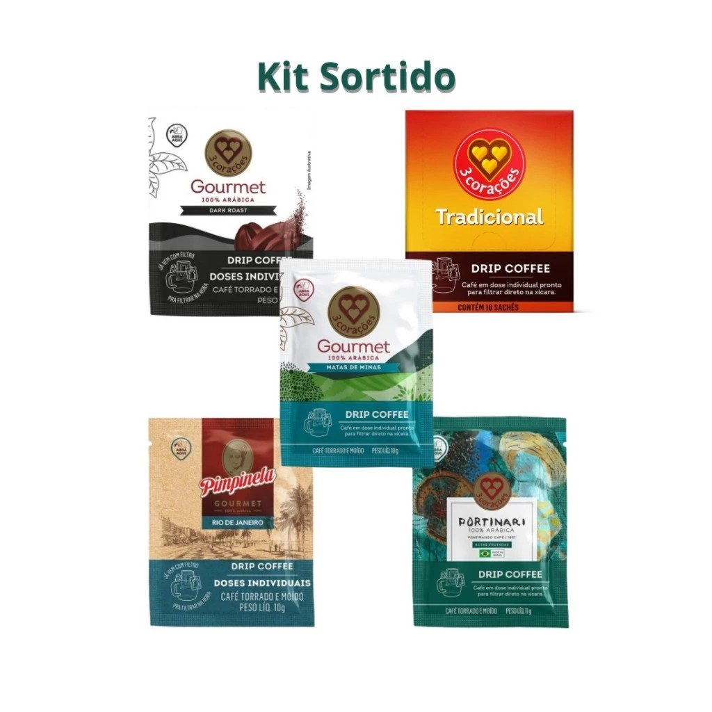 Café Dripp Coffee sachê Kit 120un Três Corações(Portinari, Dark, Pimpinela, MMinas,Tradicional)