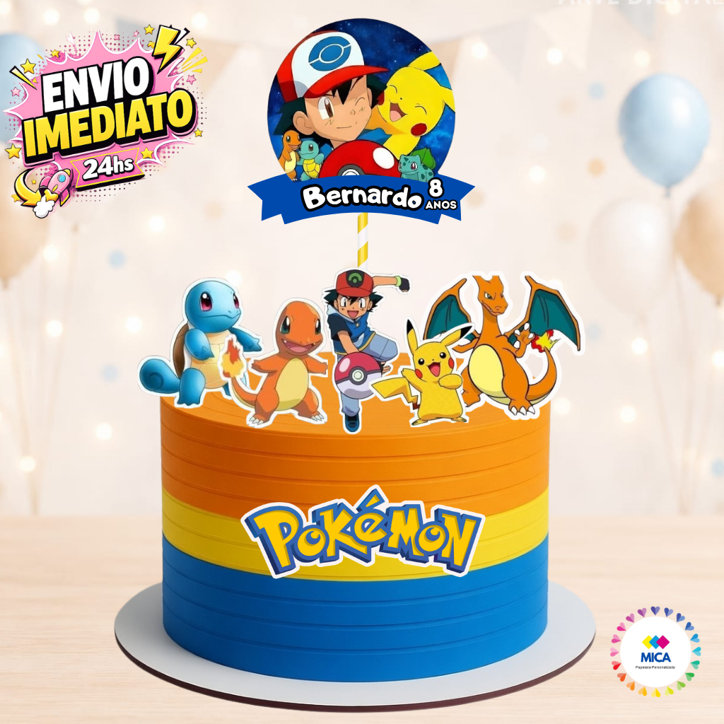 Topo de Bolo Pokemom Topper Personalizado Nome e Idade