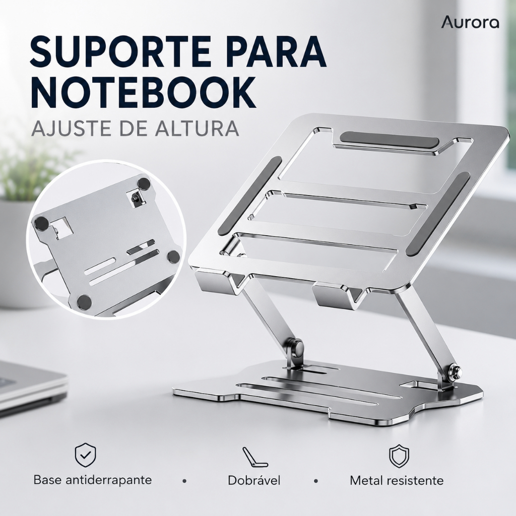 Suporte para Notebook Alumínio Ajustável Dobrável Suporta até 17 Polegadas Portátil Home Office Ergonomico