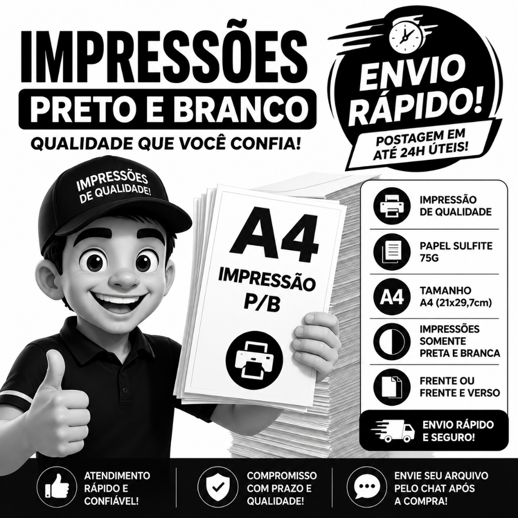 Impressão A4 Preto e Branco | Postagem Rápida | Arquivo PDF | Alta Qualidade