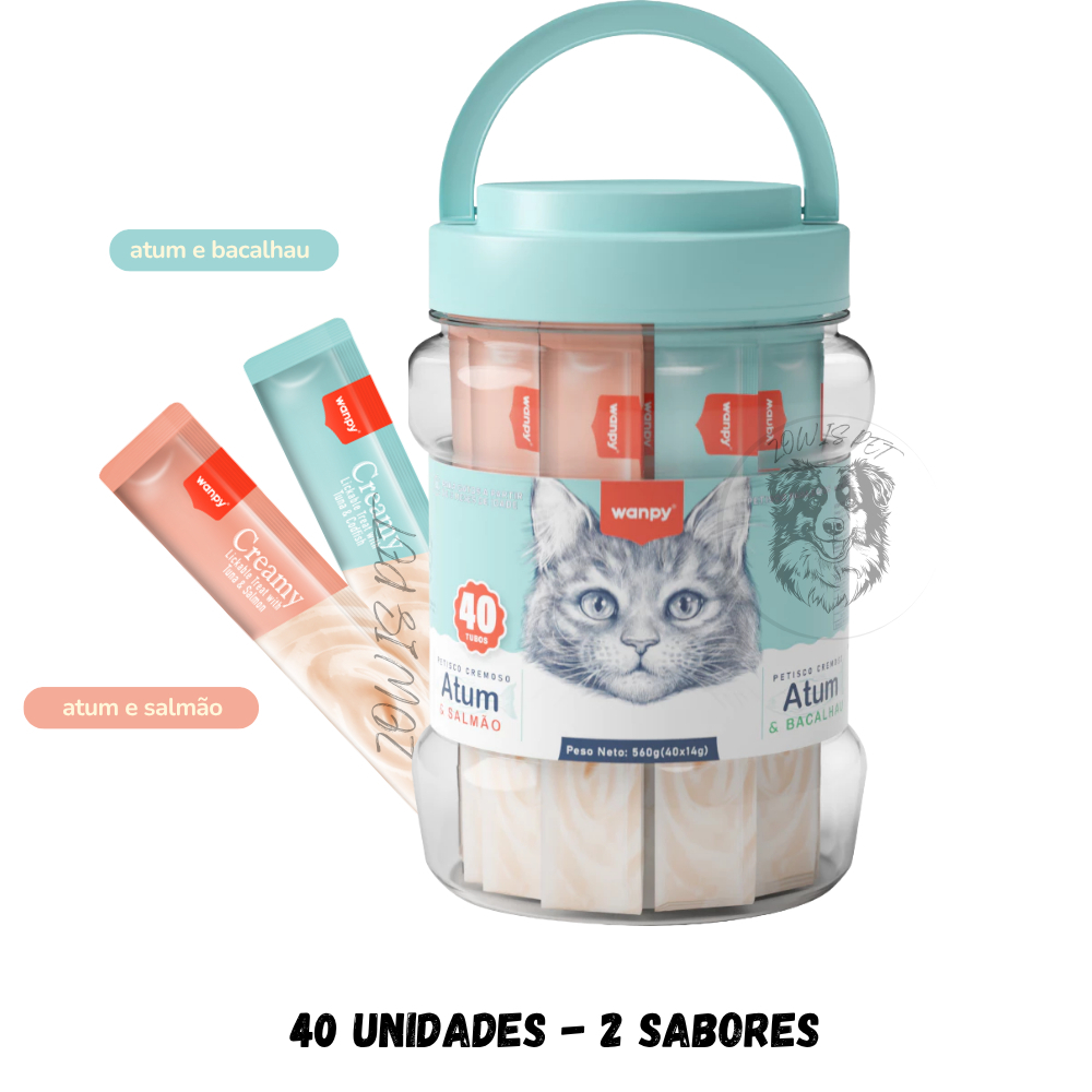 Petisco Cremoso Wanpy Para Gatos com Fórmula Hidratante 40 Tubos 14g
