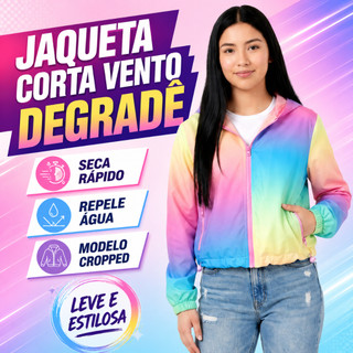 Jaqueta Corta Vento Feminina Cropped Degradê Com Capuz Seca Rápido