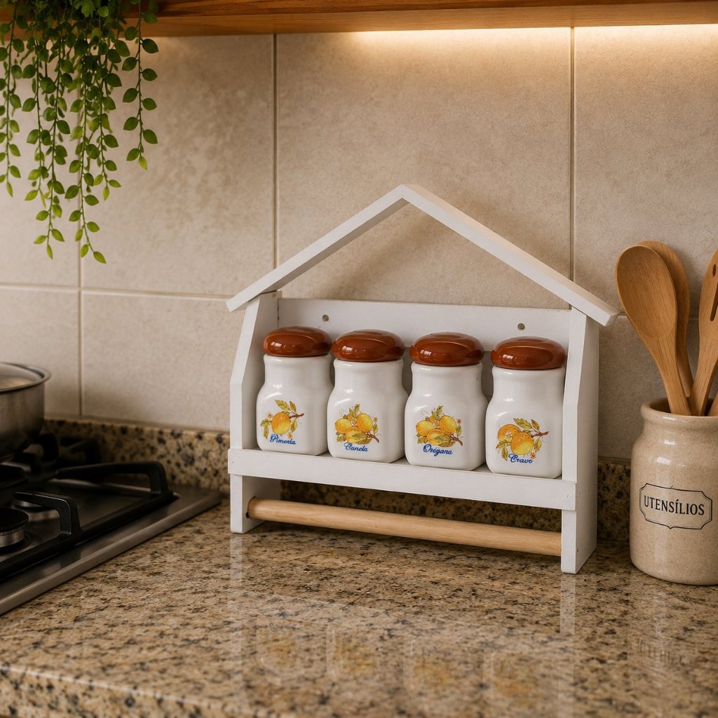 Porta Temperos Casinha Decorativa 4 Potes de Cerâmica + Suporte Papel Toalha Cozinha